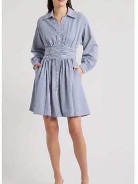 Stripe Long Sleeve Seersucker Mini Shirtdress